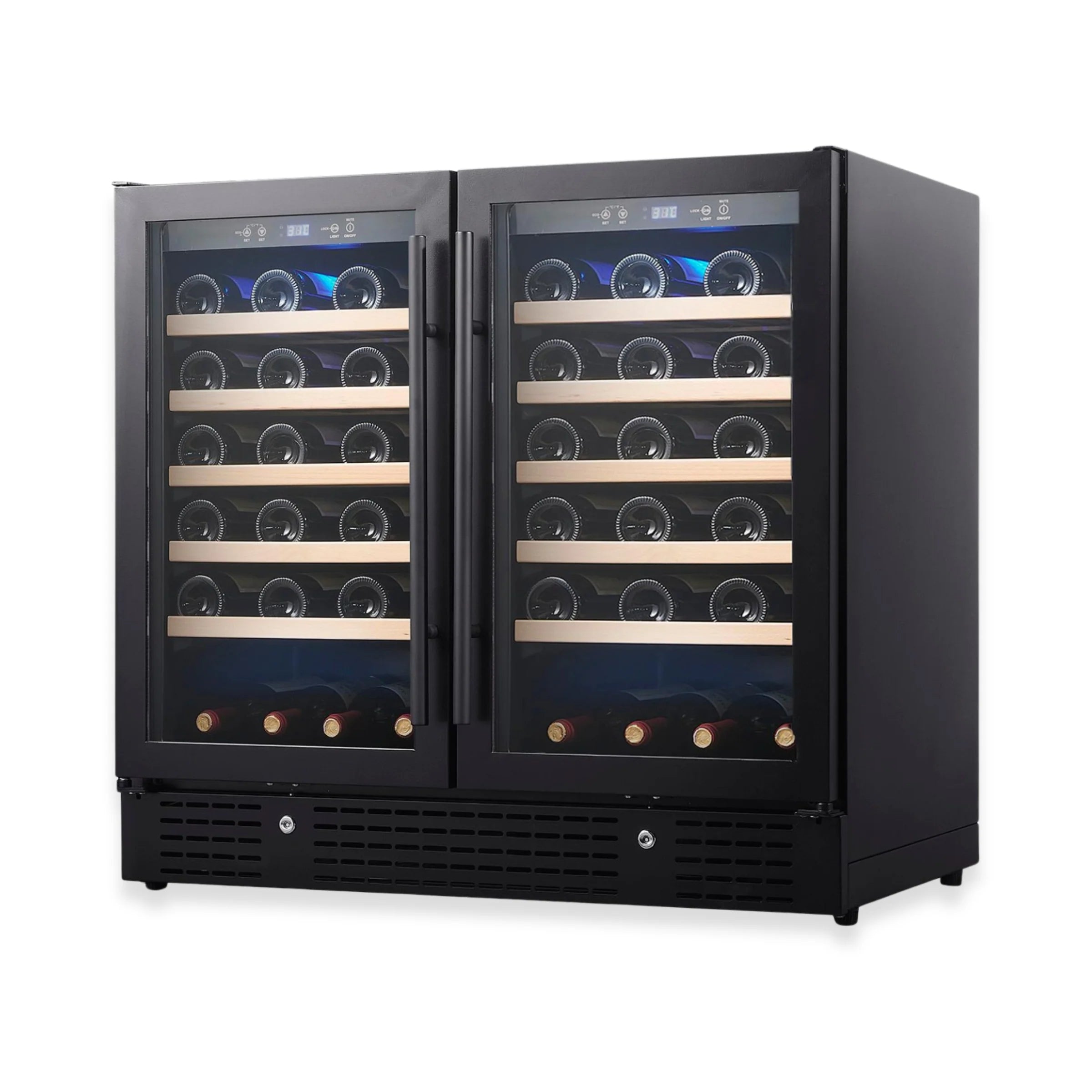 KingsBottle 36" Under Bench Dual-Zone Wine Cooler with Low-E Glass Door KBU190W2-BLK