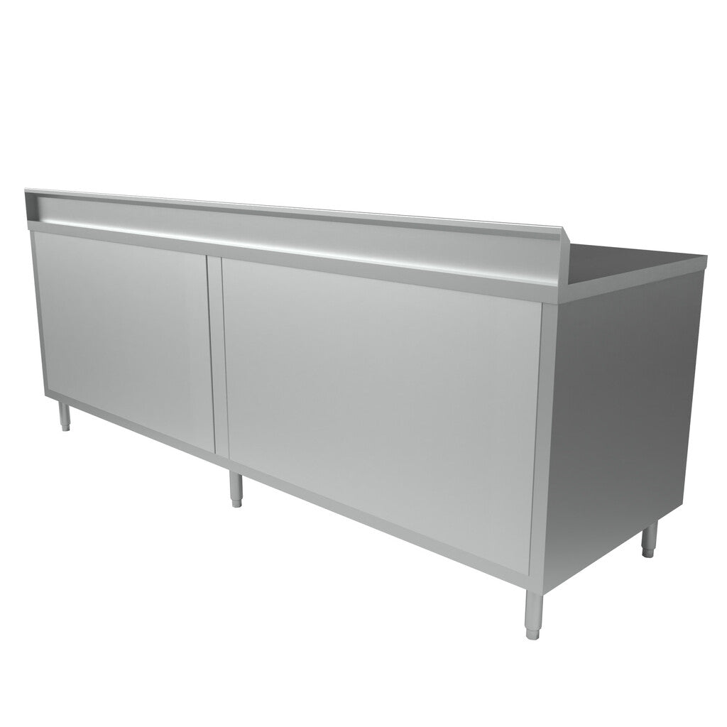 BK Resources CSTR5-30120H 30" x 120" Stainless Steel Cabinet Base Chef Table 5" Backsplash Hinged Door