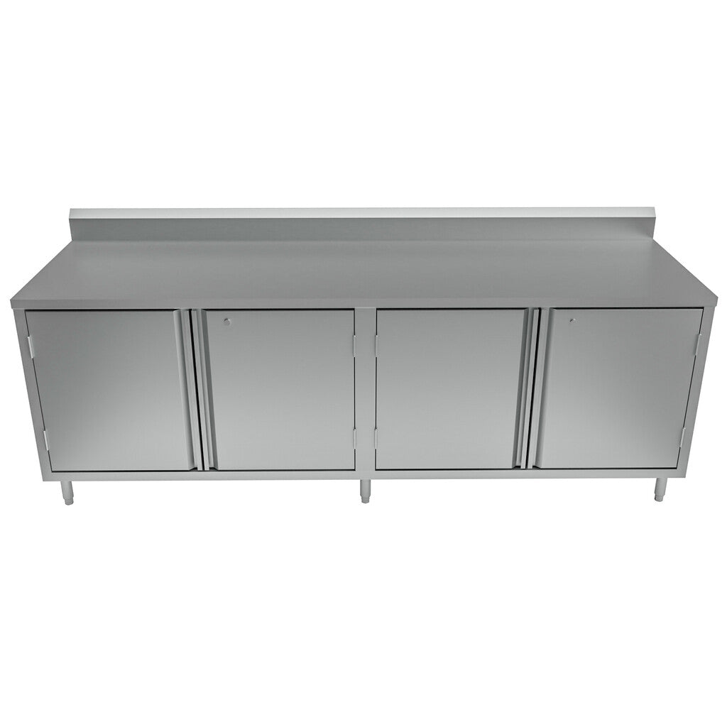 BK Resources CSTR5-3084HL 30" x 84" Stainless Steel Cabinet Base Chef Table 5" Backsplash Hinged Door with Locks