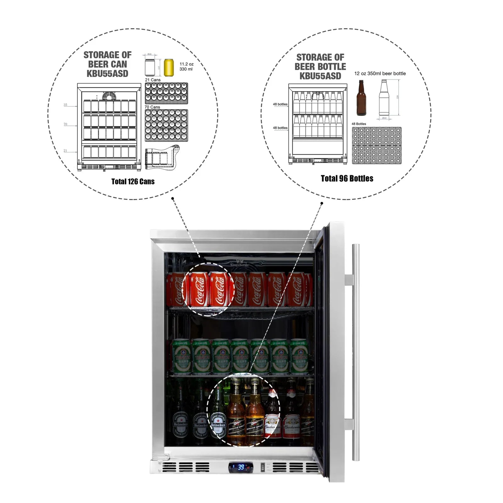 KingsBottle 24-Inch Outdoor Beverage Refrigerator with Solid Stainless Steel Door KBU55ASD LHH