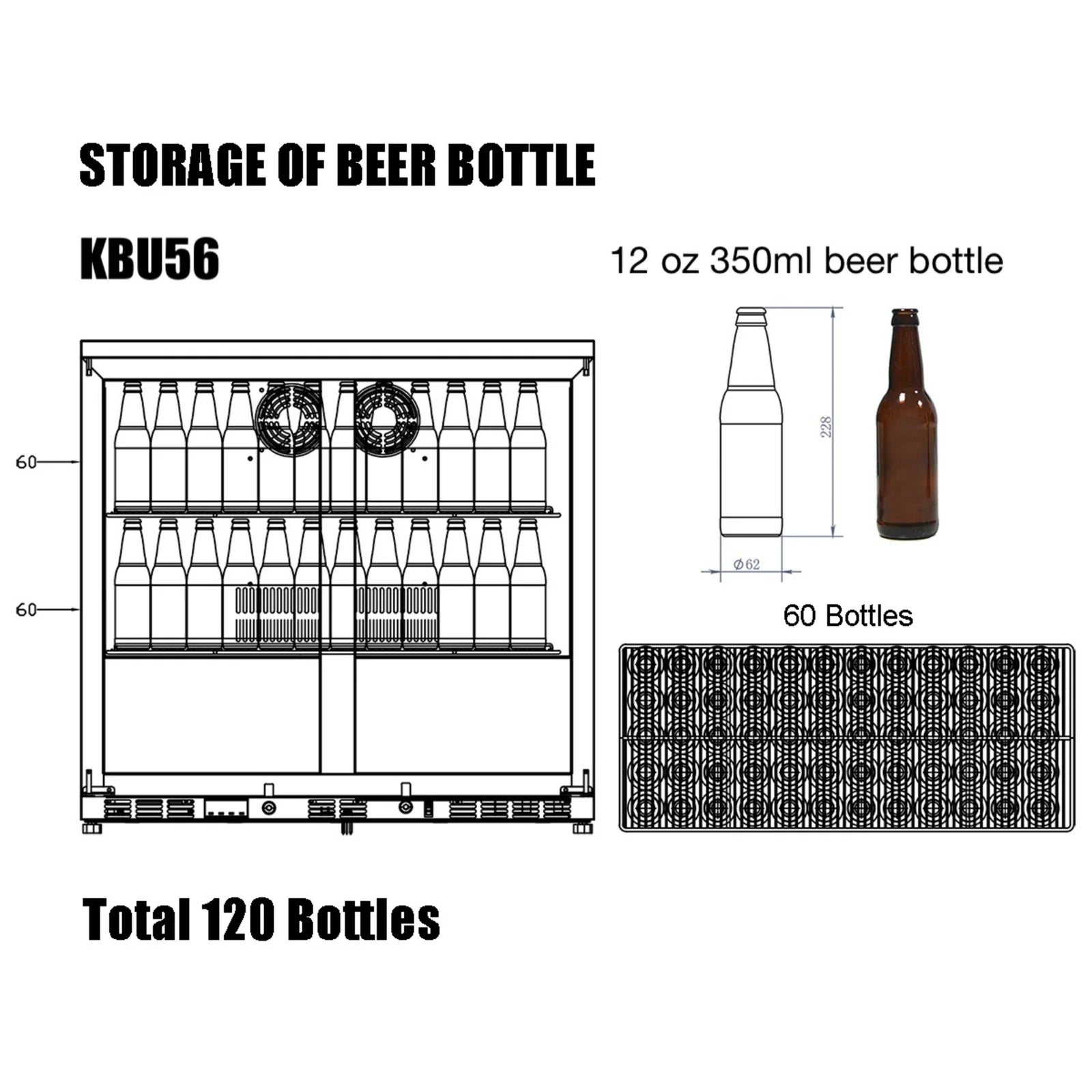 KingsBottle 36-Inch Heating Glass Dual Door Built In Beverage Fridge KBU56M