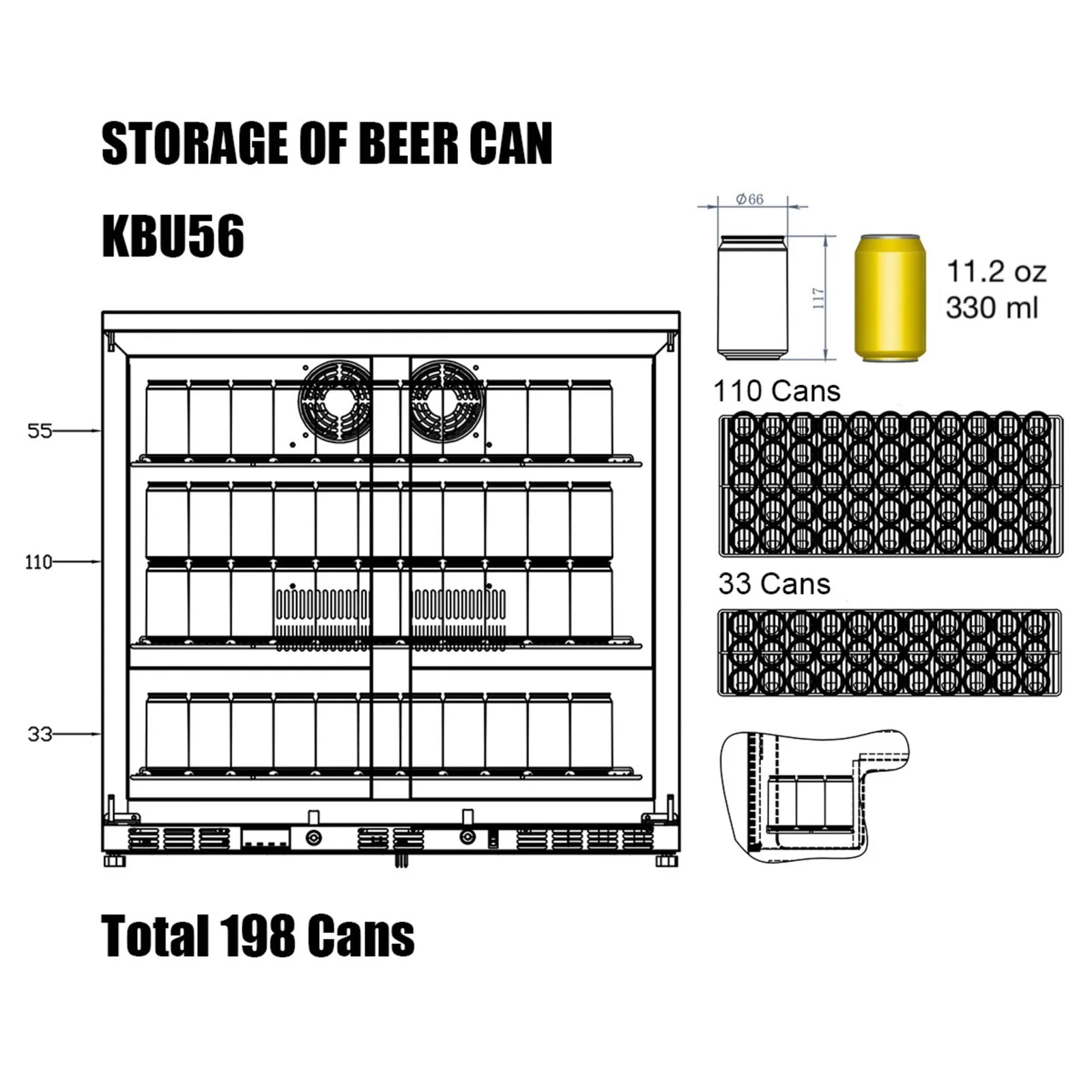 KingsBottle 36-Inch Heating Glass Dual Door Built In Beverage Fridge KBU56M