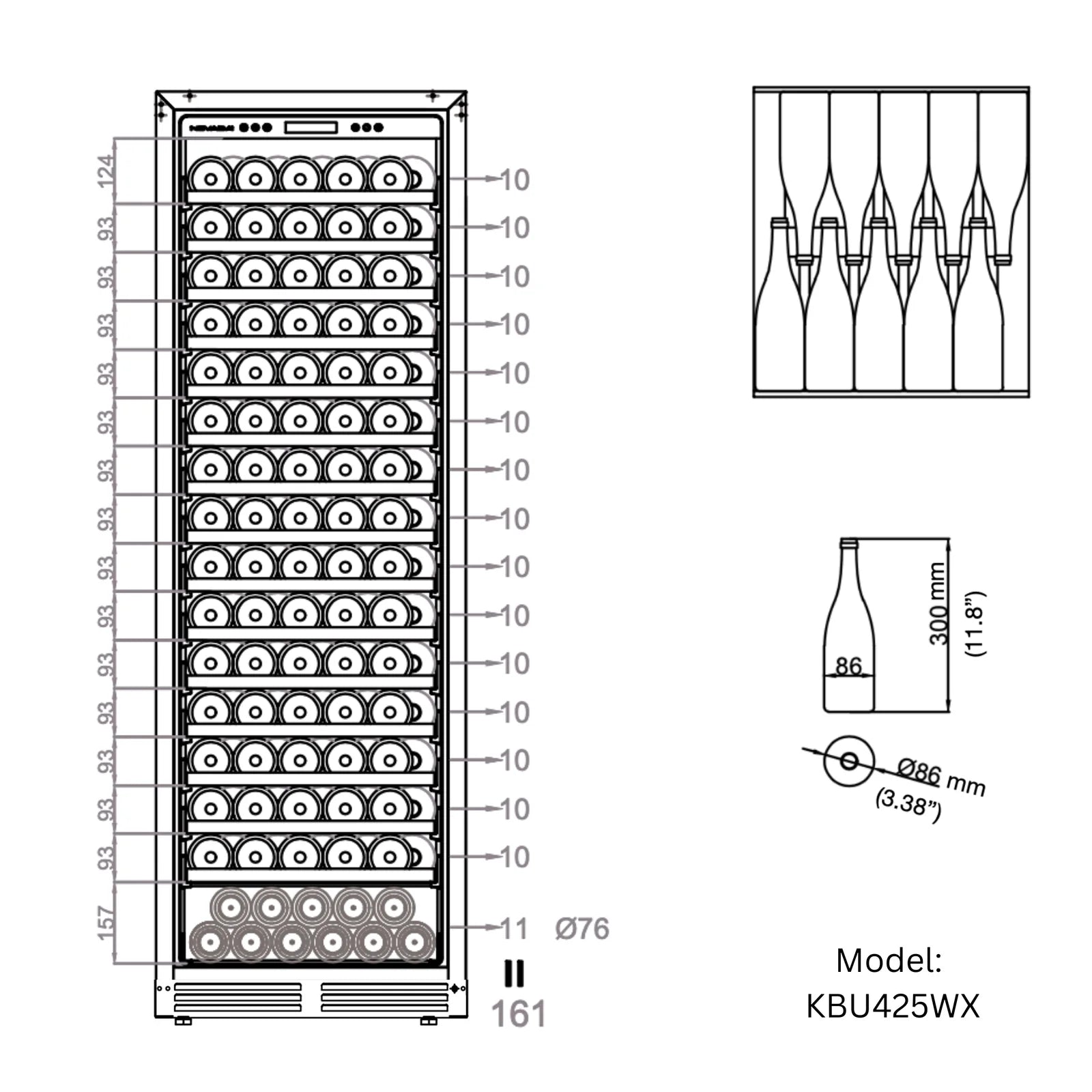 KingsBottle Upright Single Zone Large Wine Cooler With Low-E Glass Door KBU425WX-FG RHH
